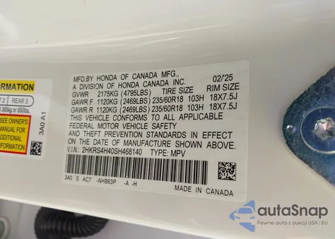 2025 Honda Cr-V Ex Awd из США, поврежденный, VIN 2HKRS4H40SH468140